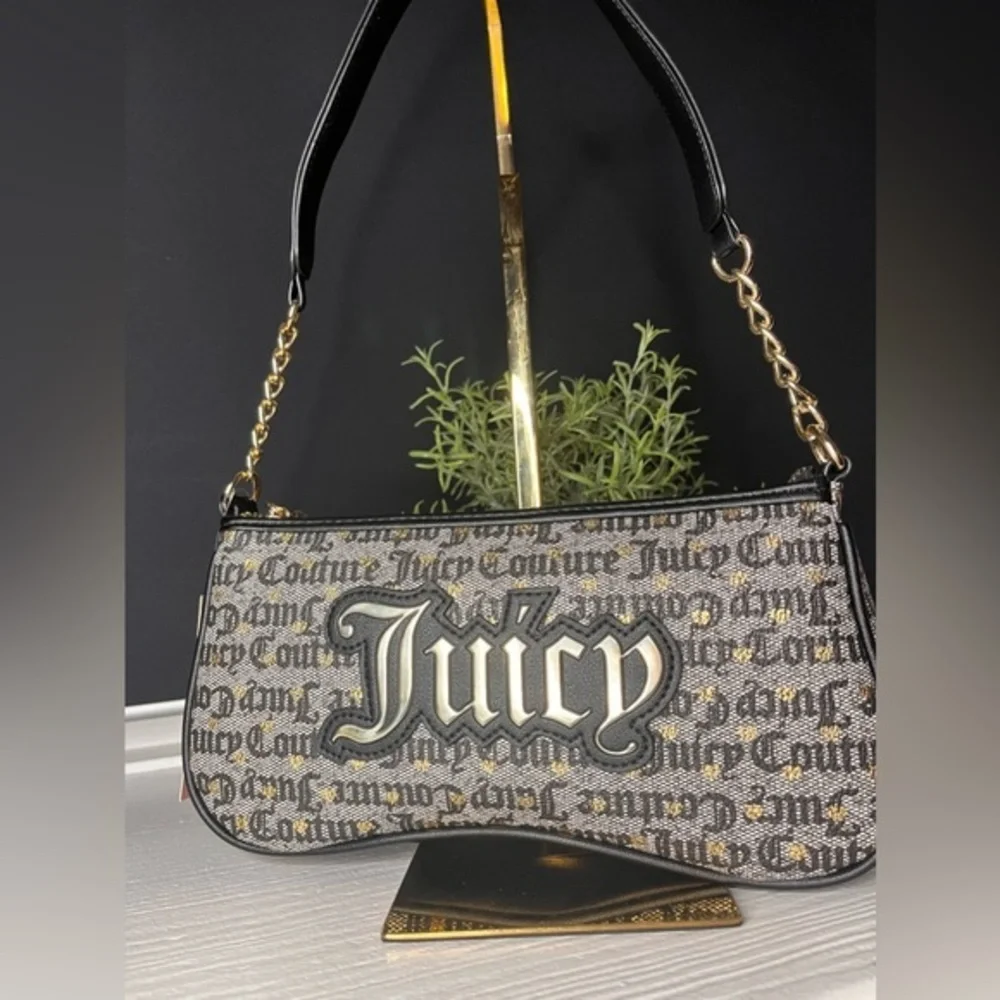 Juicy Couture Poker Face Black & Gold Baguette Shoulder Bag Logo Print NWT